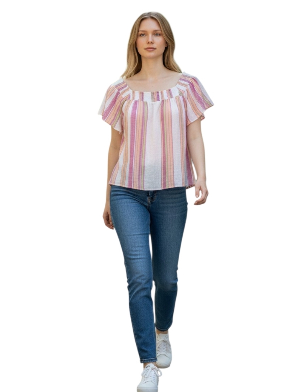 Sonora Linen Hibiscus Stripe Blouse Large Pink Stripe Flutter Sleeve Top Large